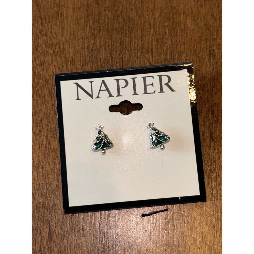 Napier Christmas Tree Stud Earrings Silver Tone Green Enamel Holiday Jewelry